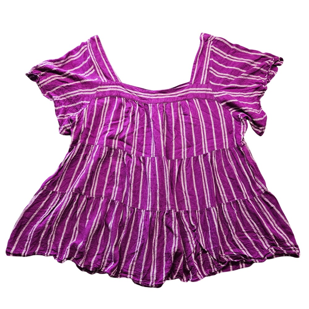 Purple Striped Linen Blend Tiered Babydoll Top 3X 24W-26W Boho Cottagecore